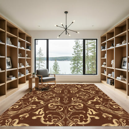 Rich Brown Gold Baroque Swirl Rug