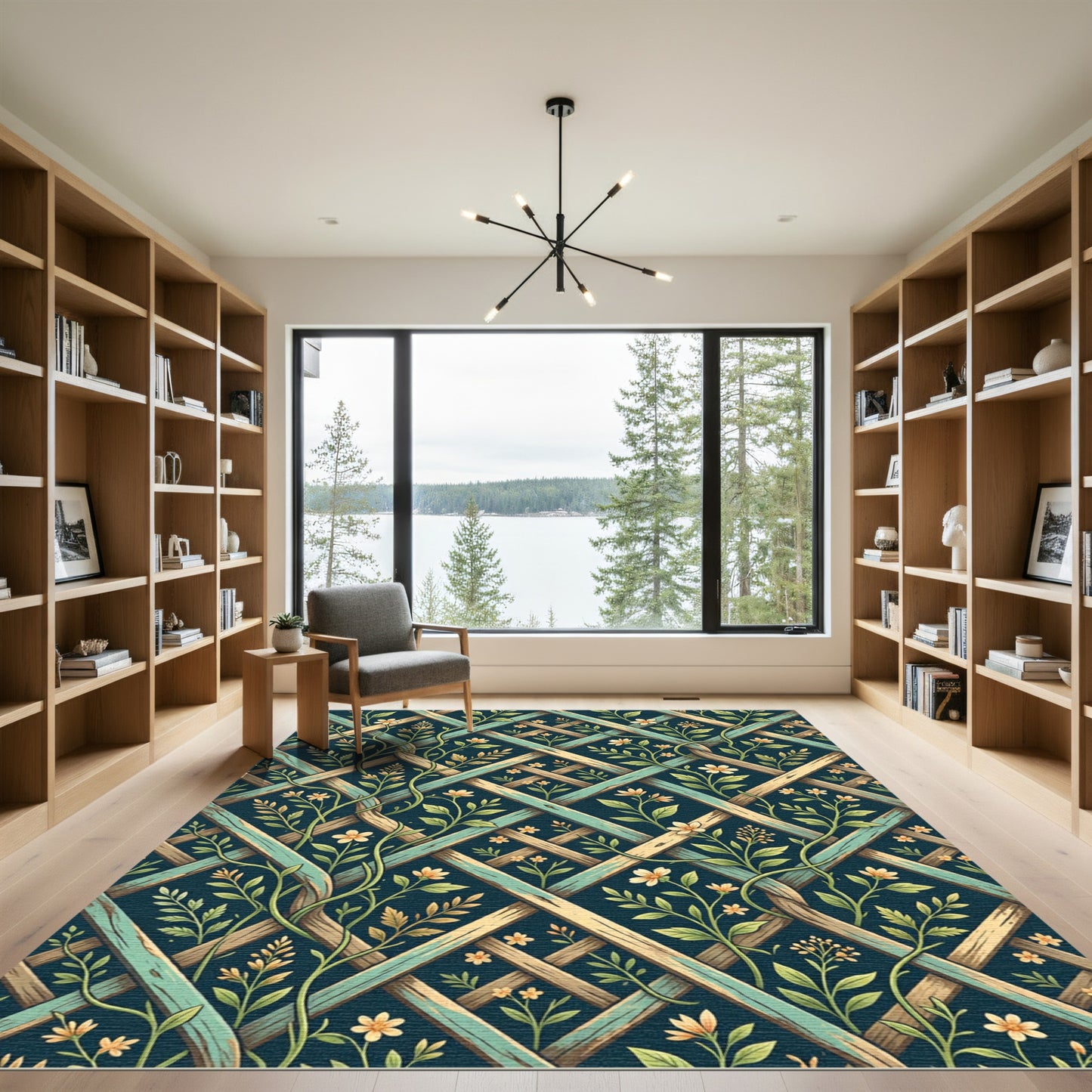 Elegant Teal Trellis with Yellow Flowers Rug