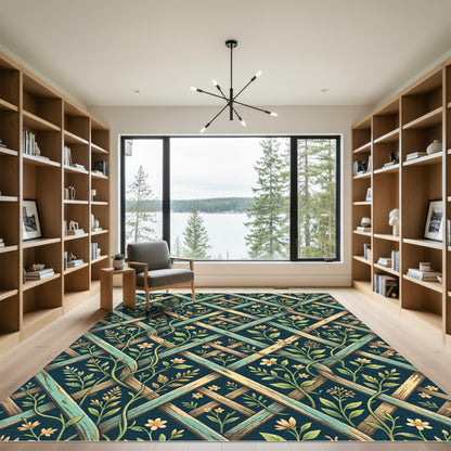 Elegant Teal Trellis with Yellow Flowers Rug