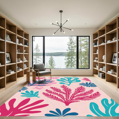 Vibrant Teal Pink Leafy Botanical Rug