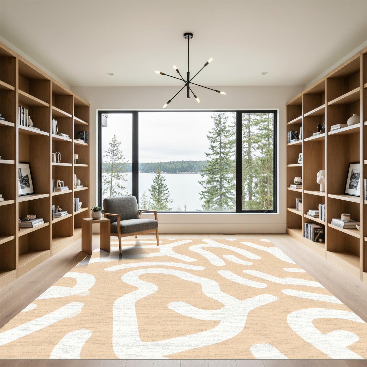 Beige White Abstract Flowing Lines Rug