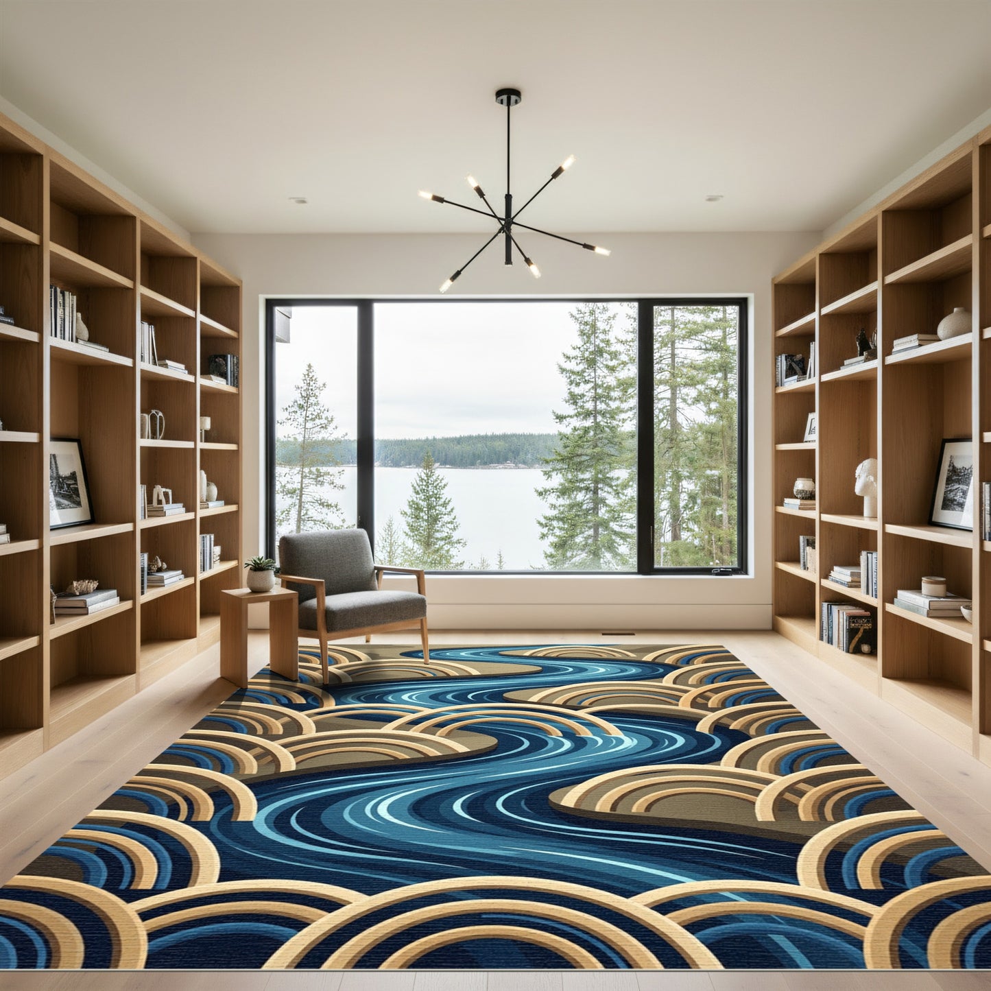 Abstract Blue River with Golden Arcs Rug