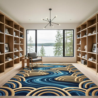 Abstract Blue River with Golden Arcs Rug