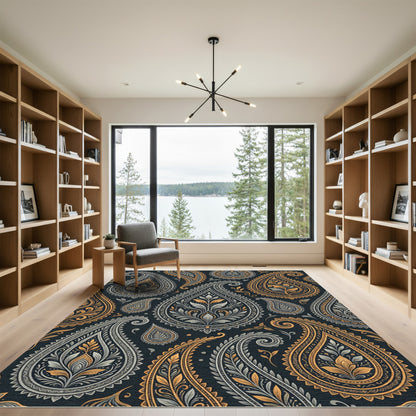 Ornate Gold and Gray Paisley Scroll Rug
