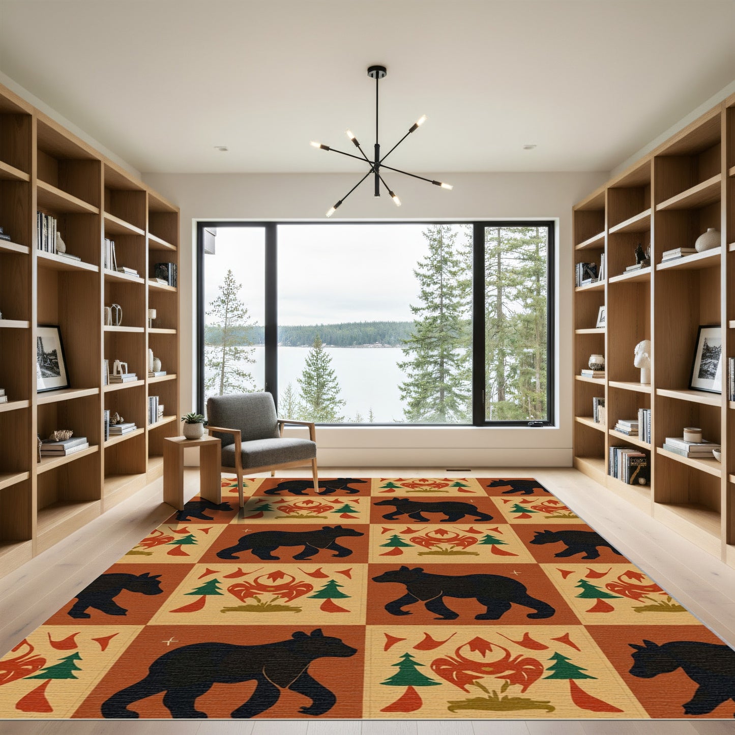 Black Bear Forest Folk Red Floral Rug