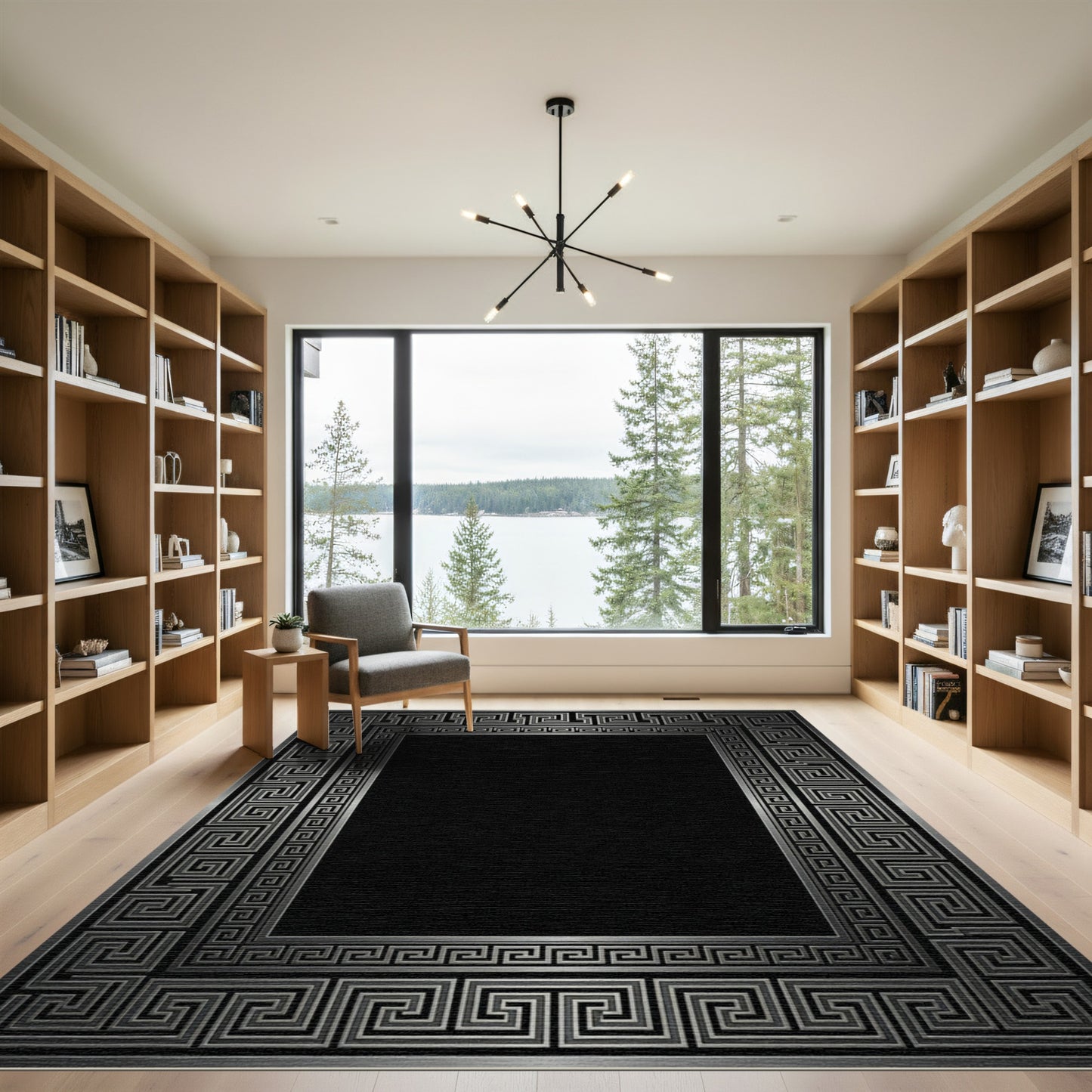 Silver Greek Key Border Rug