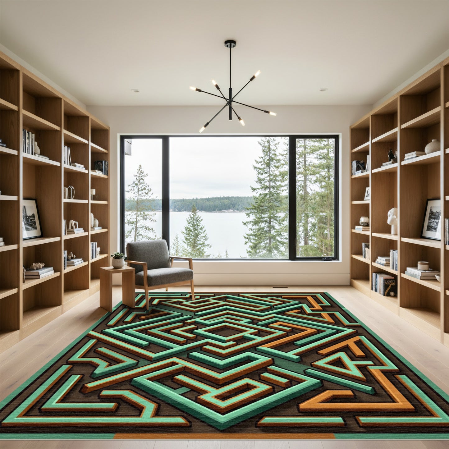 Geometric Teal and Amber Labyrinth Rug