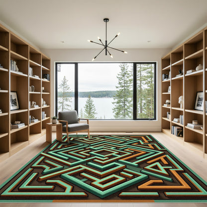 Geometric Teal and Amber Labyrinth Rug