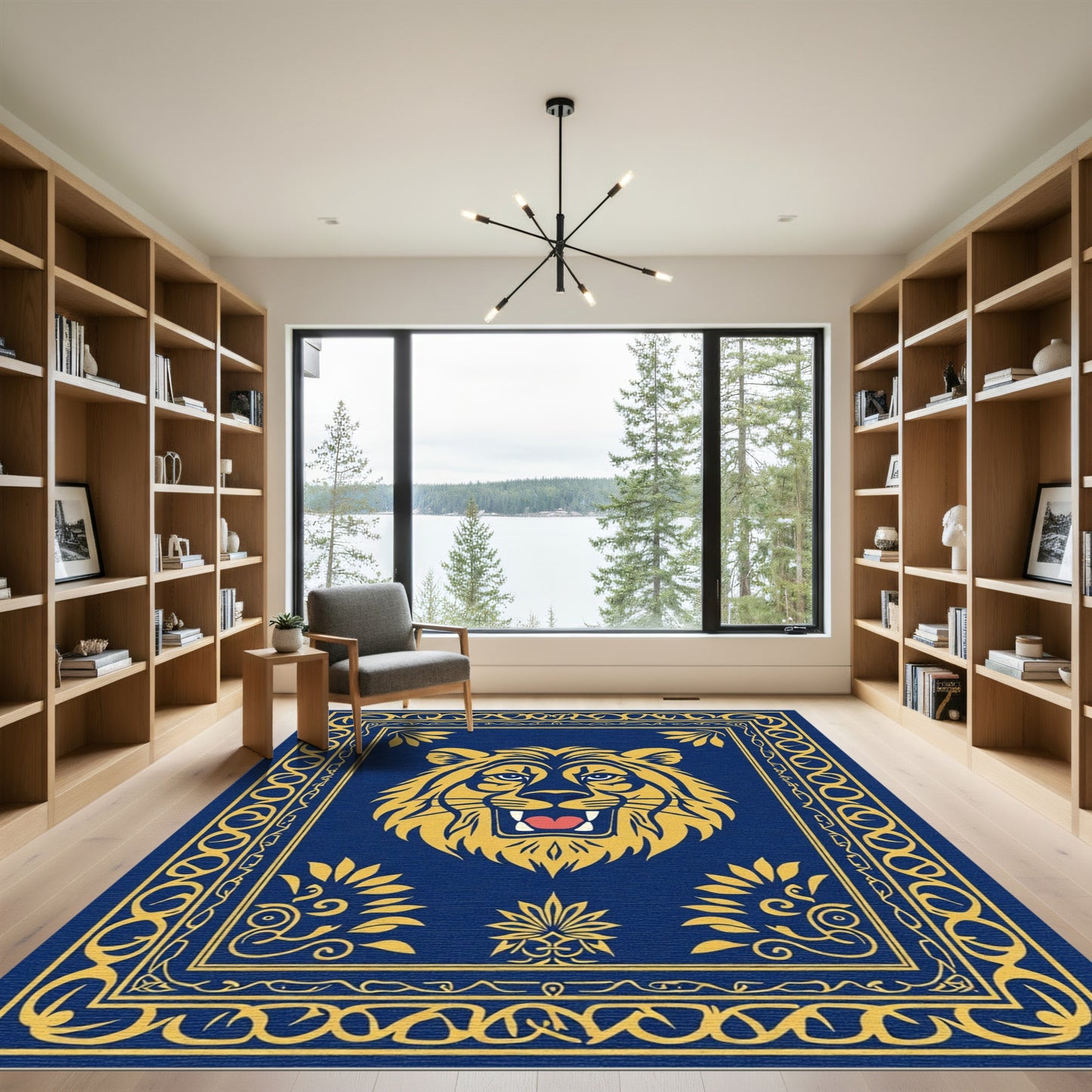 Majestic Blue Gold Lion Emblem Rug