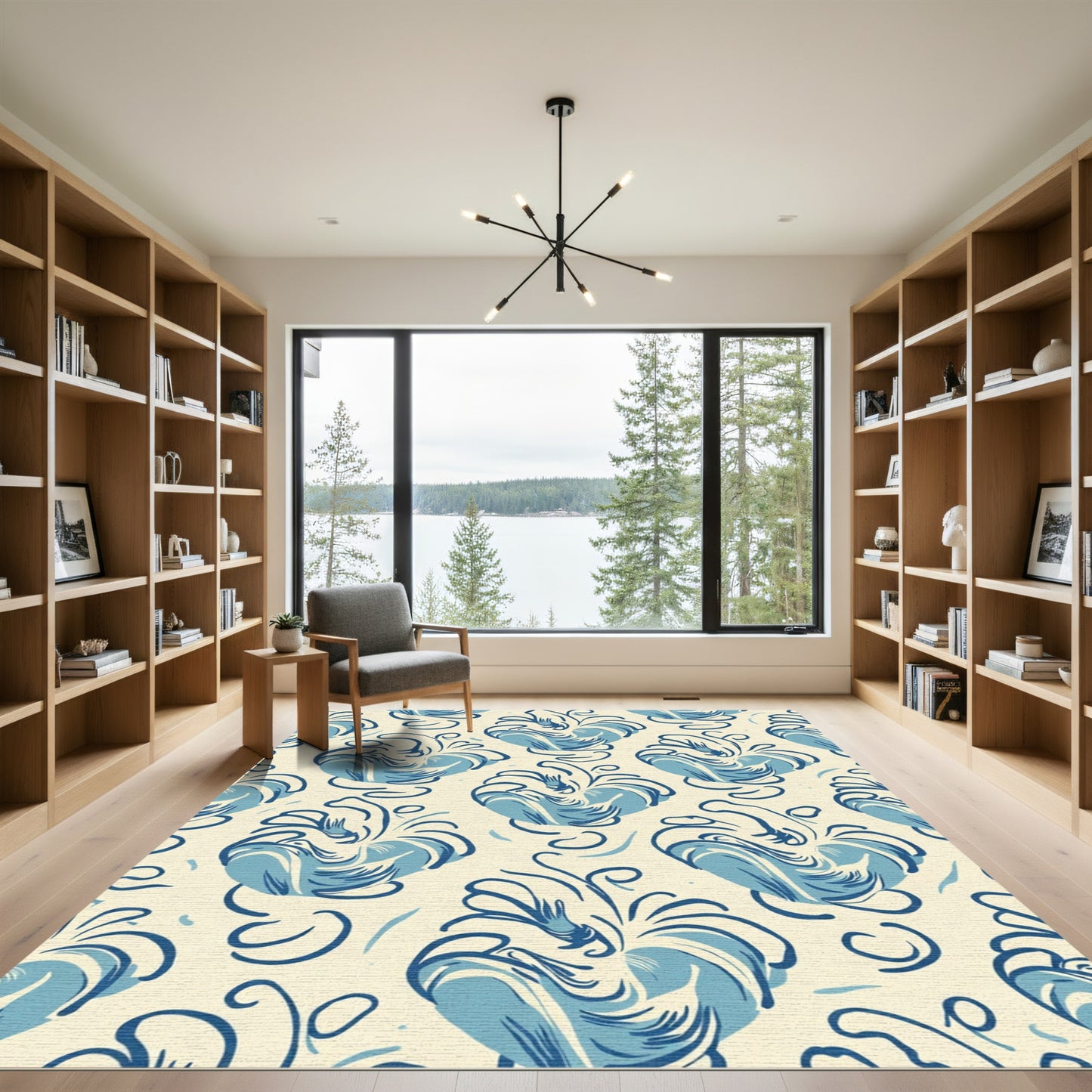 Blue Floral Swirl Cream Rug