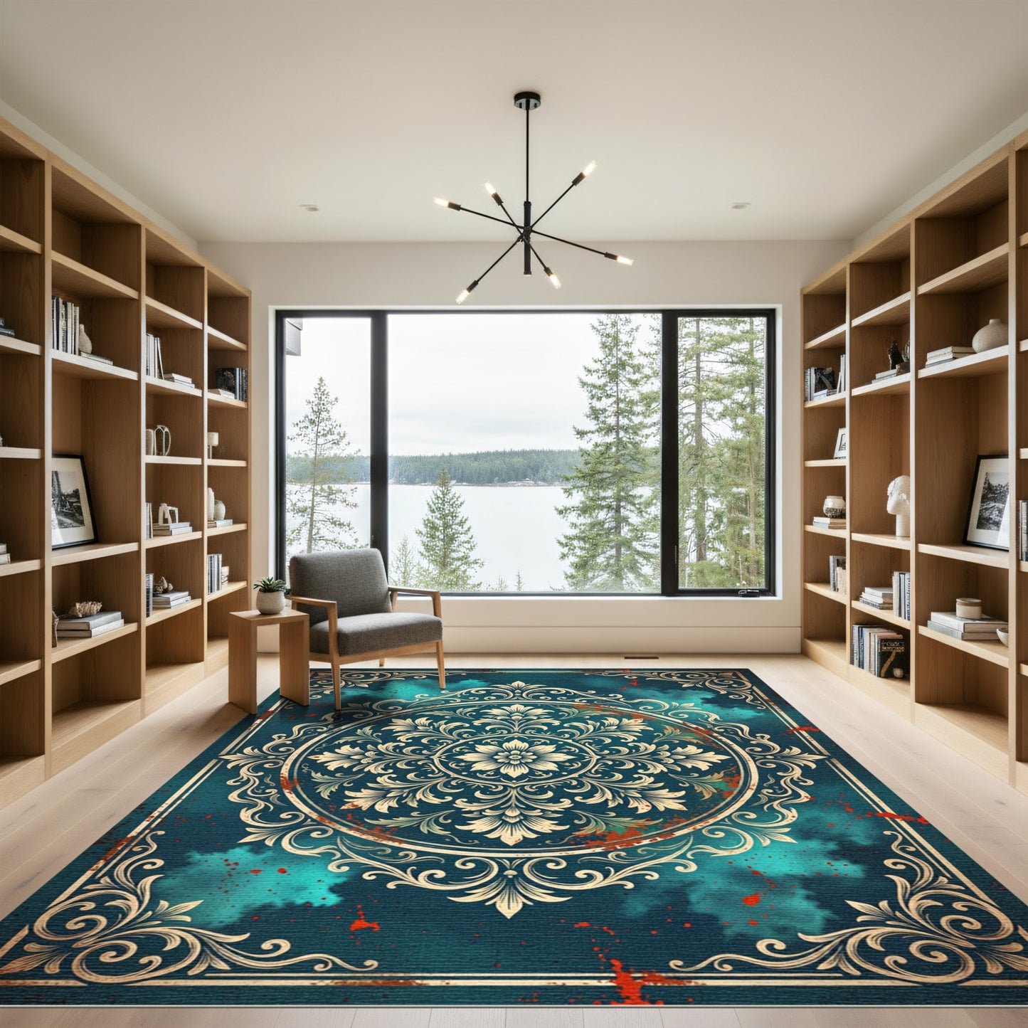 Ornate Teal Floral Medallion Frame Rug