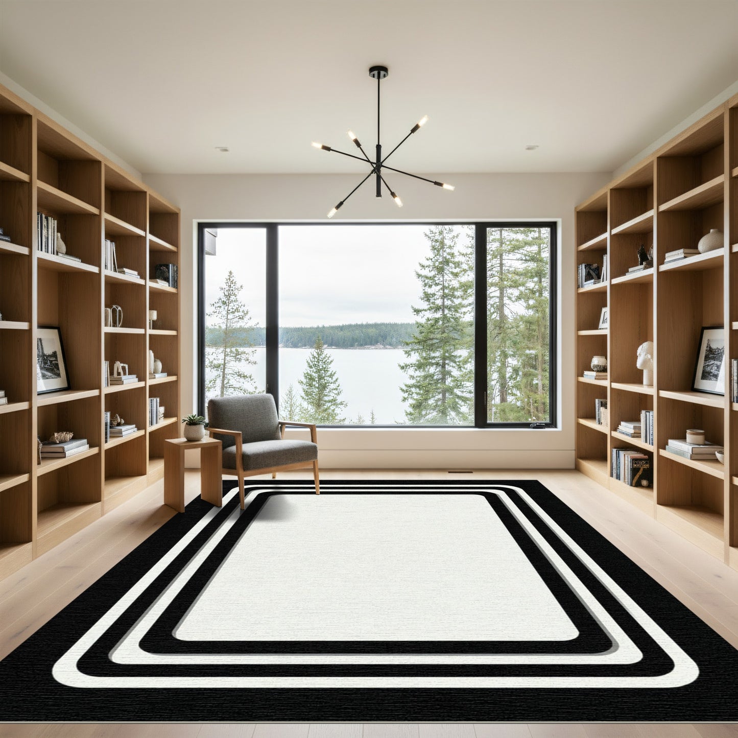 Modern Black White Layered Rectangles Rug