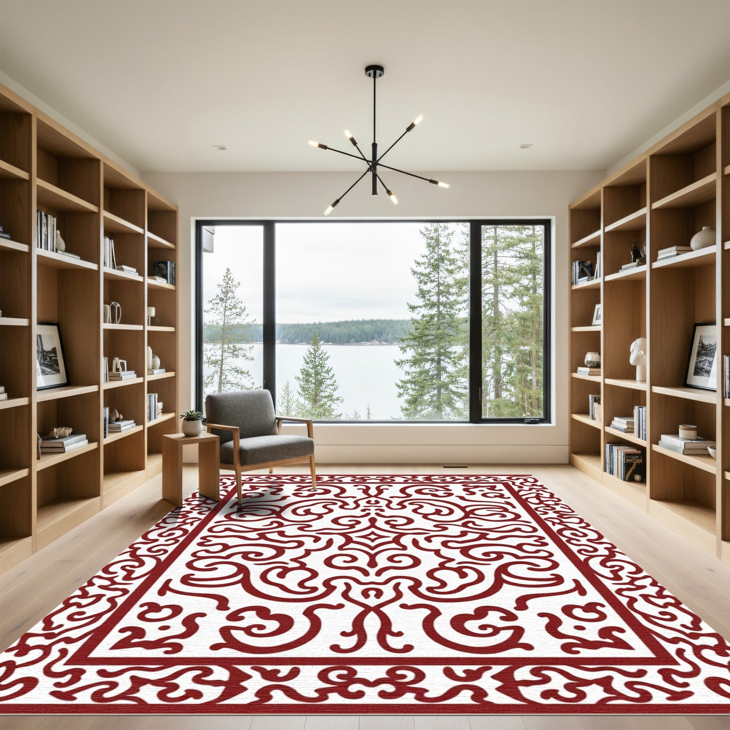 Deep Red Elaborate Swirl Border Rug