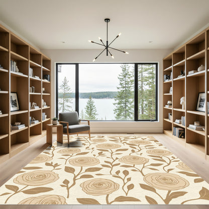 Neutral Tan Rose Vine Pattern Rug