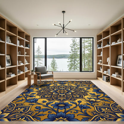 Elegant Navy Blue Golden Floral Medallion Rug