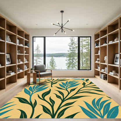 Teal Blue Leafy Tendrils Yellow Background Rug