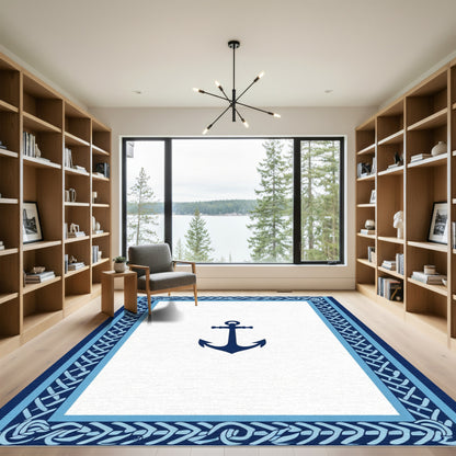 Navy Anchor Nautical Rope Border Rug