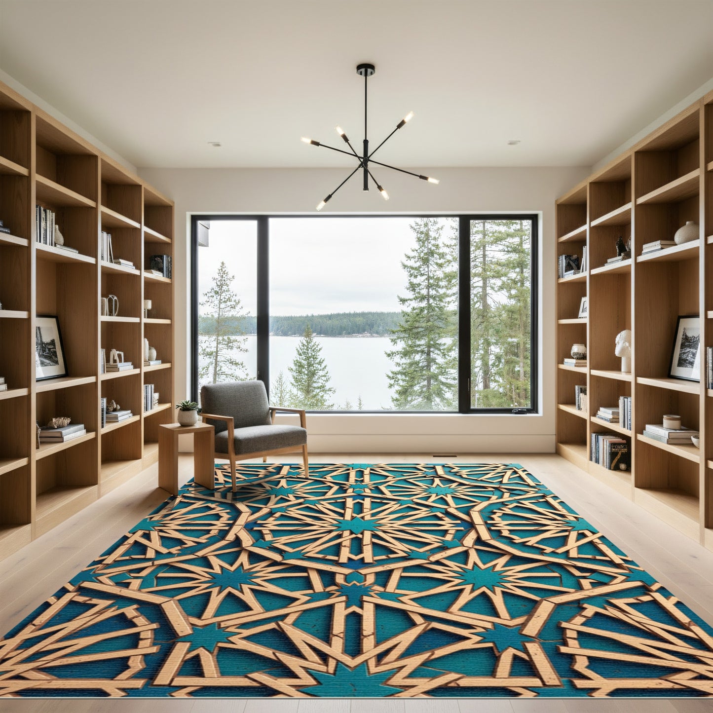 Golden Geometric Teal Labyrinth Rug