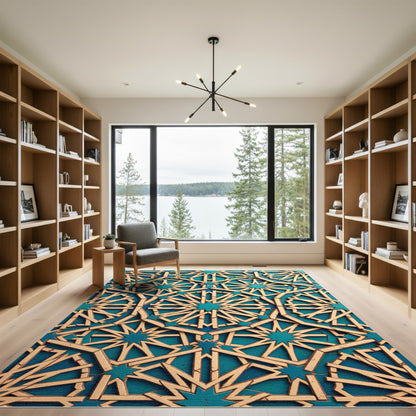 Golden Geometric Teal Labyrinth Rug