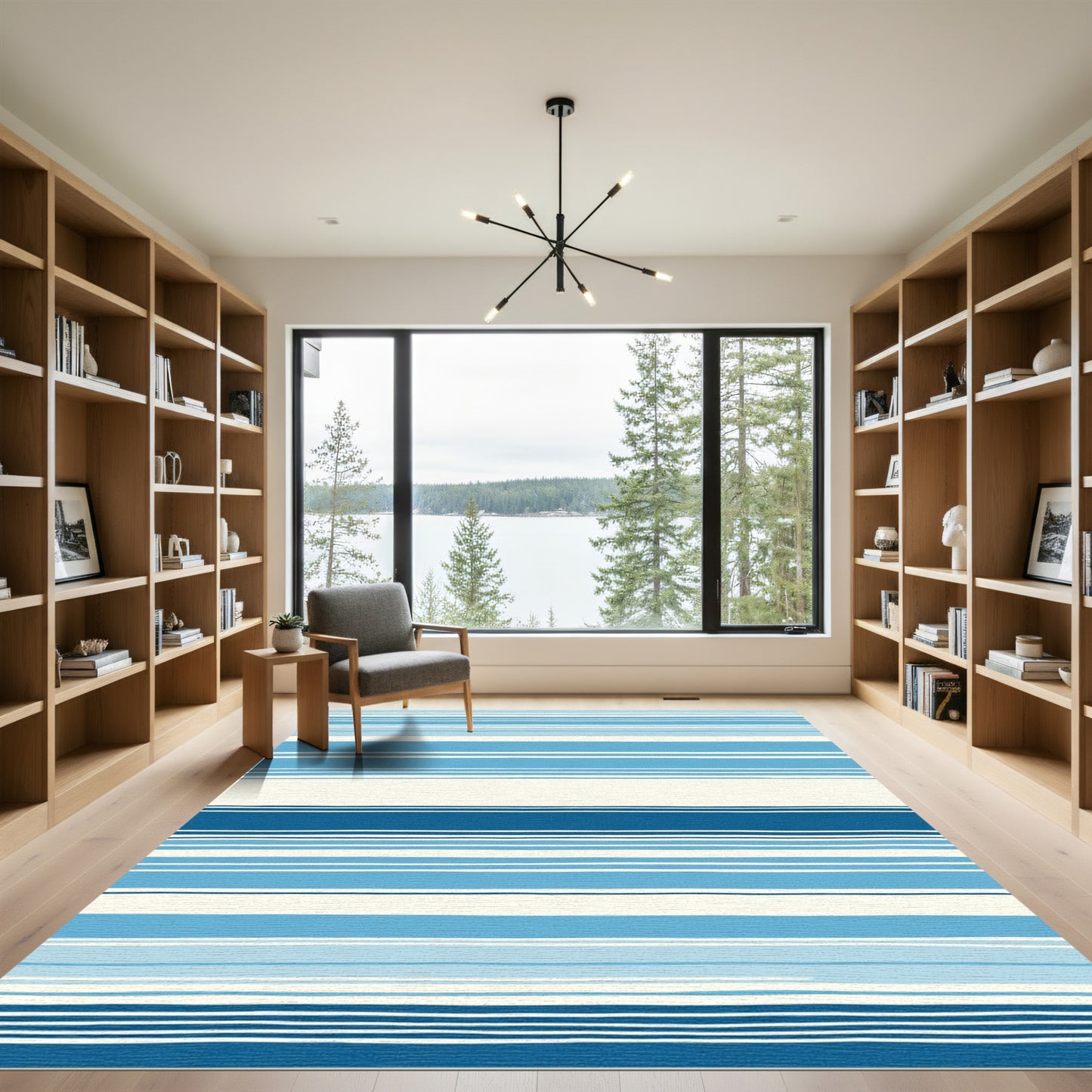 Ocean Blue And White Striped Horizon Rug