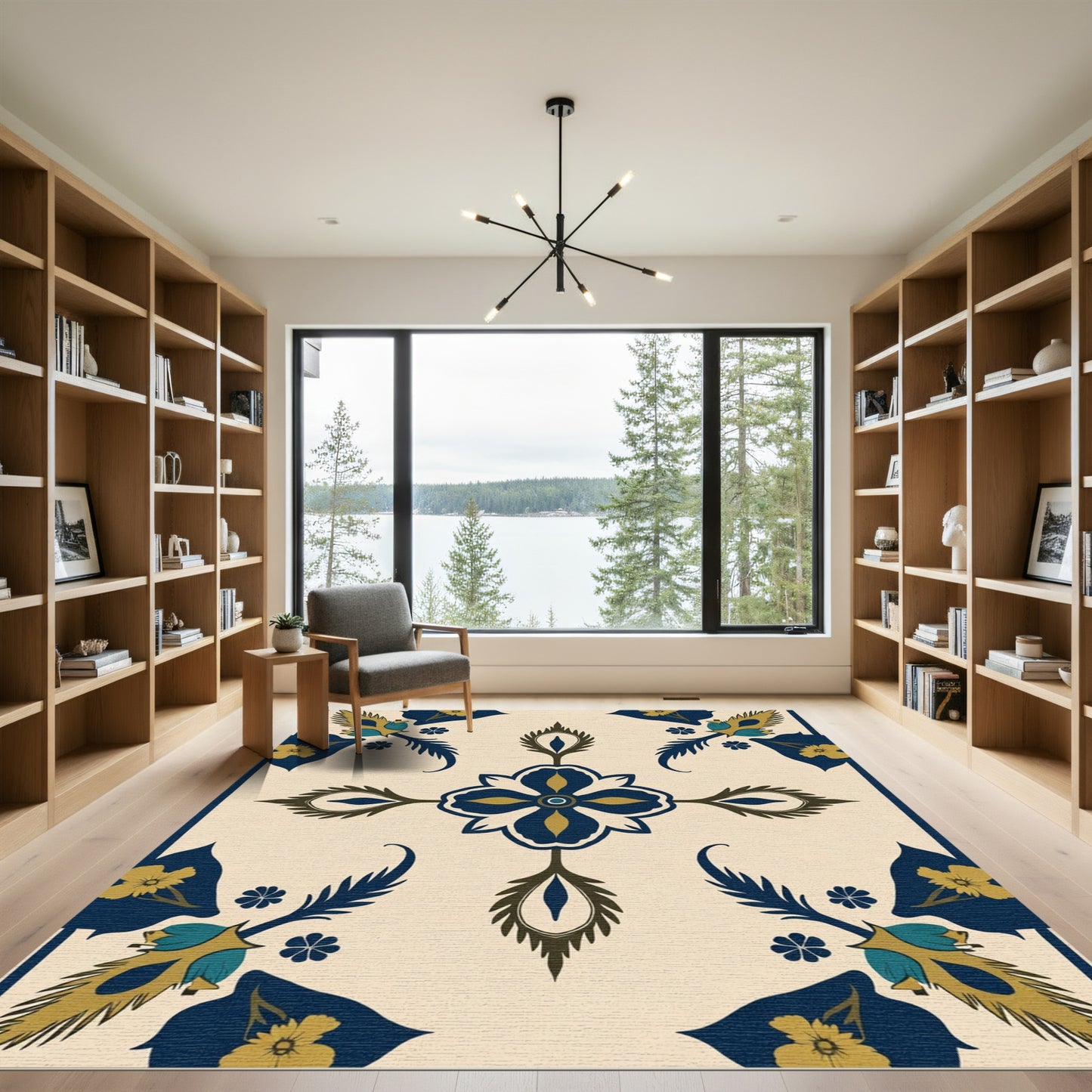 Navy Teal Floral Geometric Medallion Rug