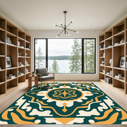 Deep Teal Gold Medallion Organic Symmetry Rug