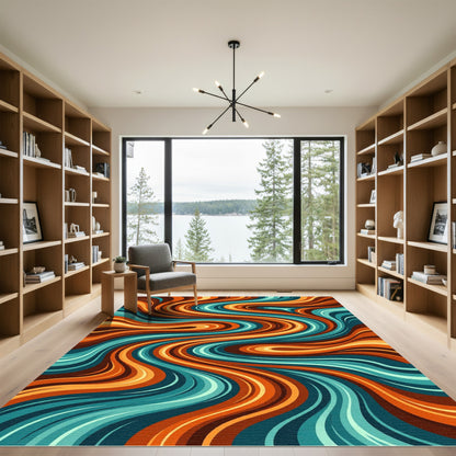 Modern Abstract Teal and Orange Swirl Rug