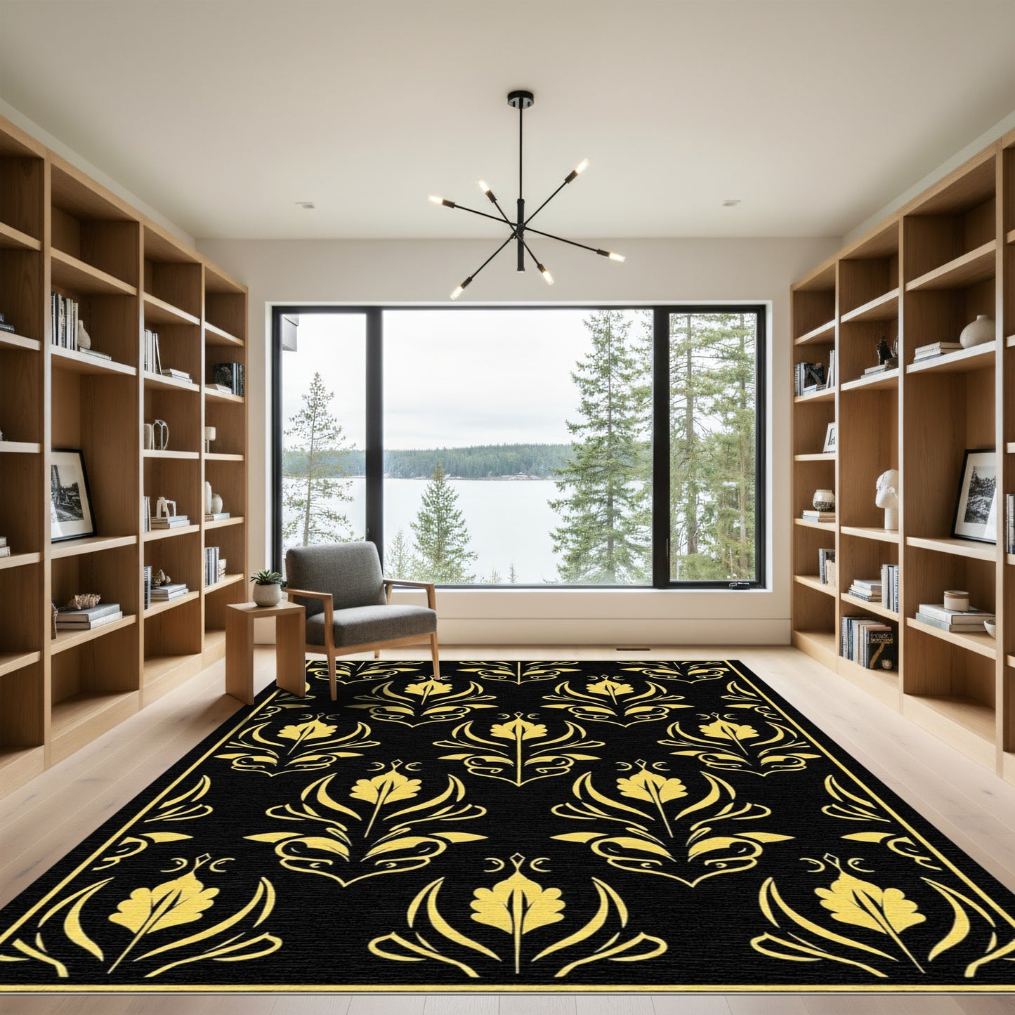 Gold Black Damask Floral Emblem Rug