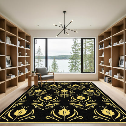 Gold Black Damask Floral Emblem Rug