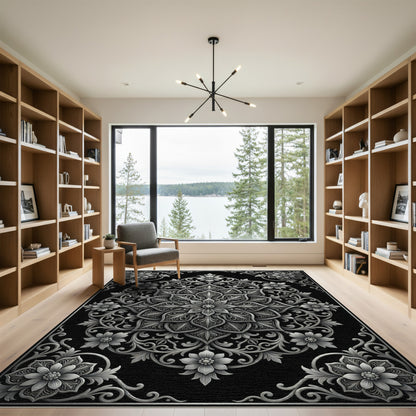 Monochrome Filigree Floral Medallion Rug