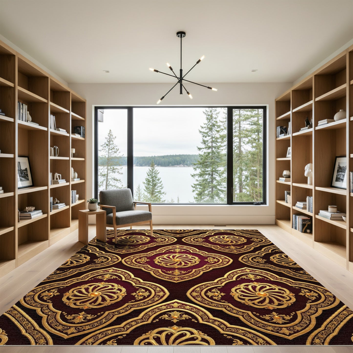 Gold Filigree Medallion on Deep Burgundy Rug