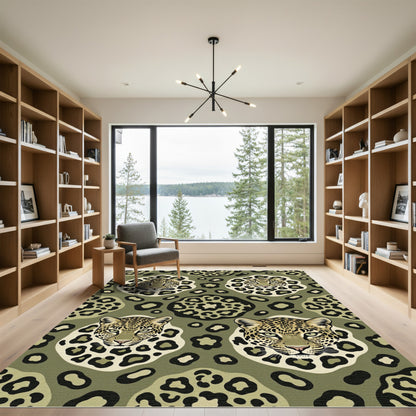 Olive Green Leopard Face Arrangement Rug
