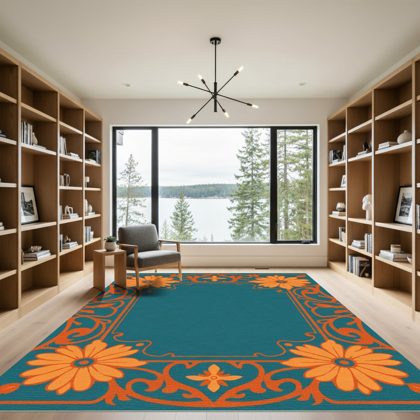 Teal Orange Floral Scrollwork Frame Rug