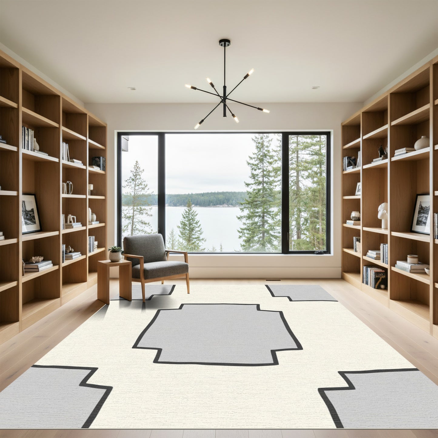 Cream Gray Geometric Outline Block Rug