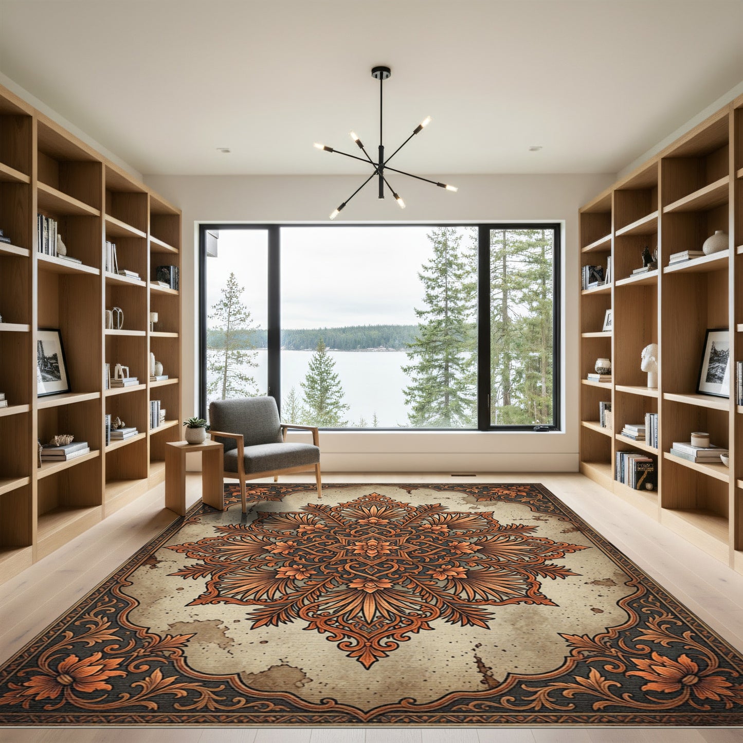 Ornate Copper Floral Damask Medallion Rug