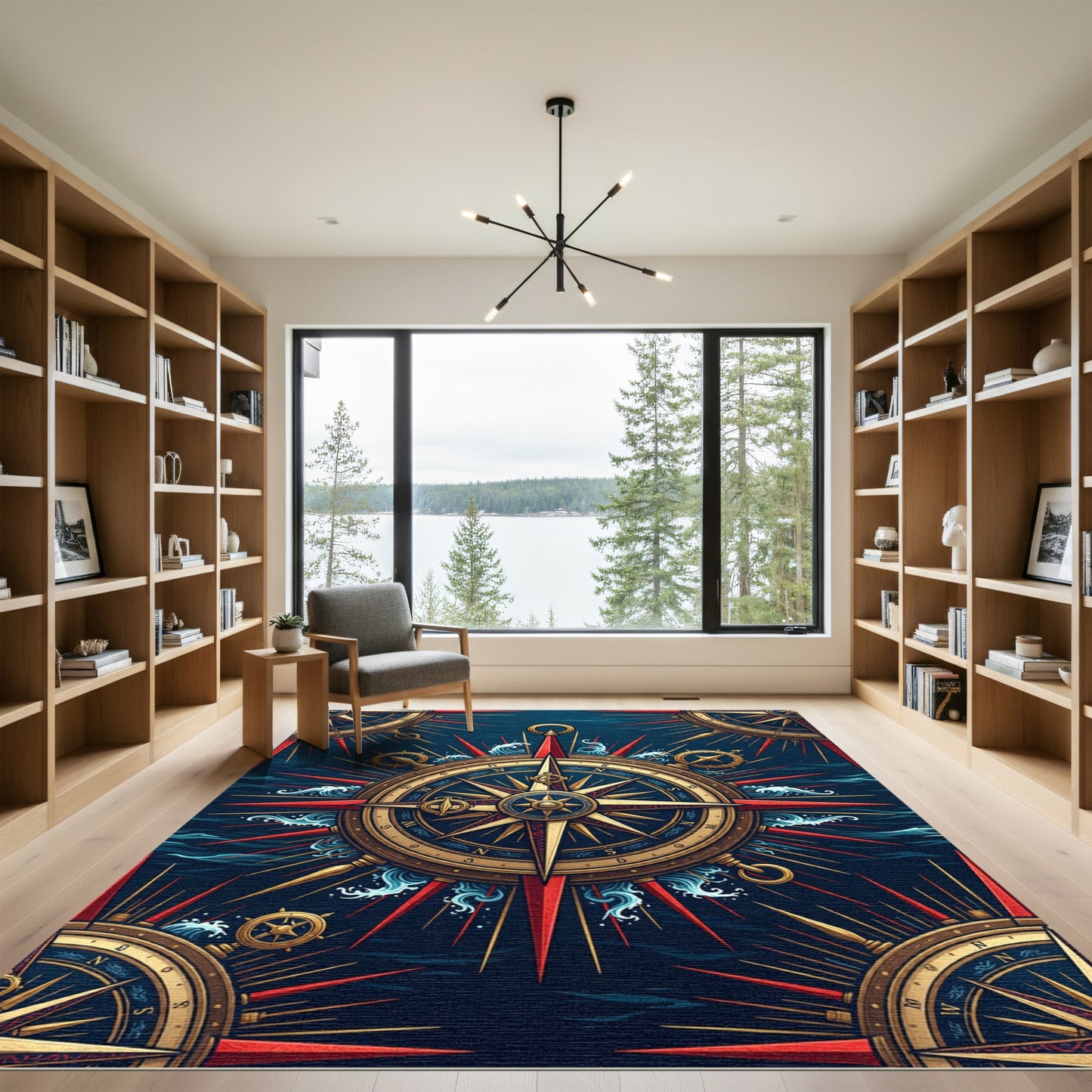 Midnight Nautical Compass Gold Wave Art Rug