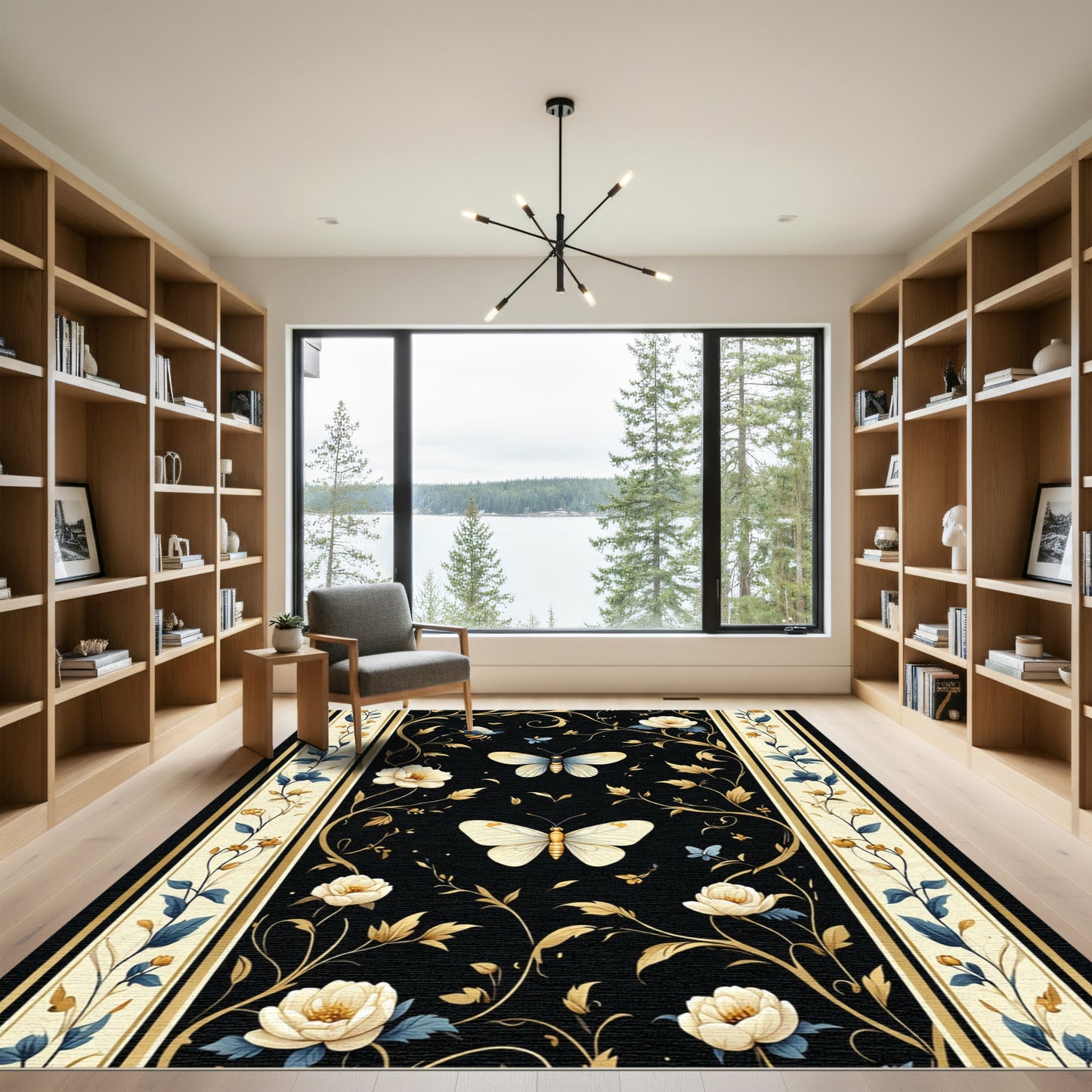 Black Floral Butterfly Garden Rug
