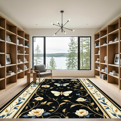 Black Floral Butterfly Garden Rug