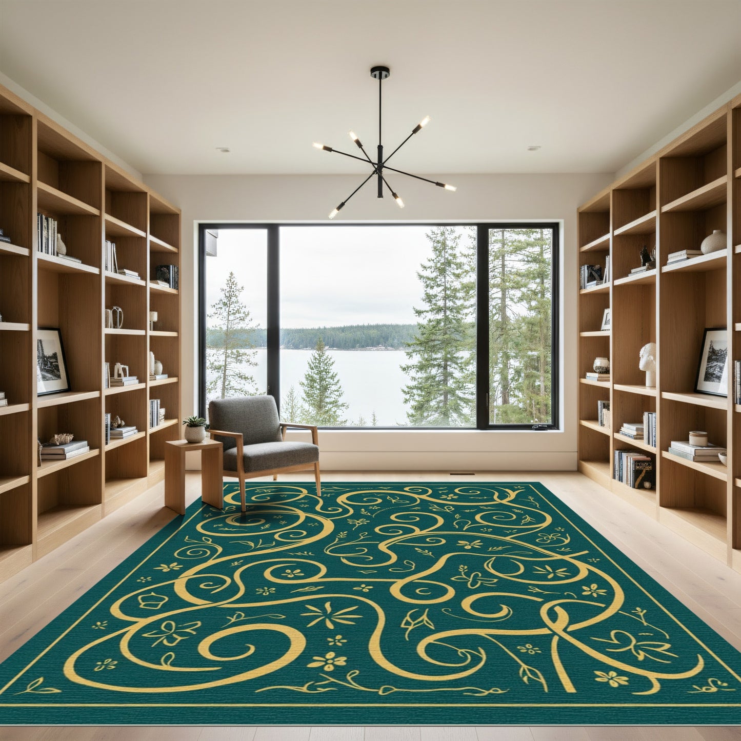 Teal Gold Vine Floral Swirl Rug