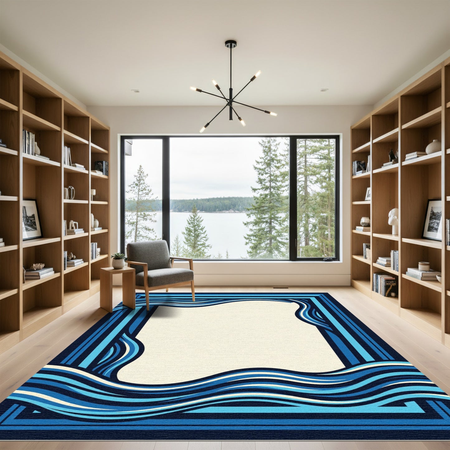 Abstract Oceanic Wave Navy Geometric Frame Rug