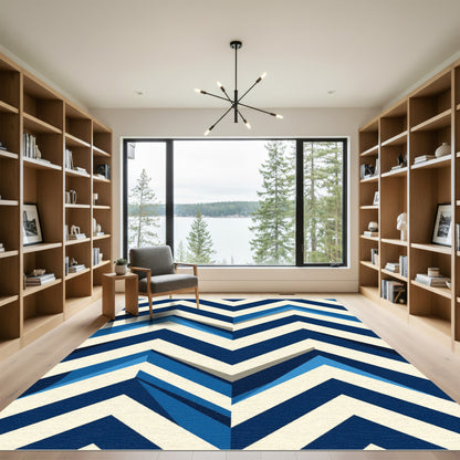 Modern Navy and Cream Chevron Zigzag Rug