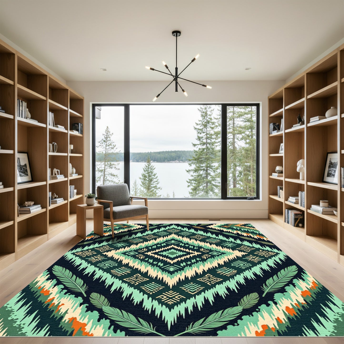 Teal Feathered Diamond Tribal Rug