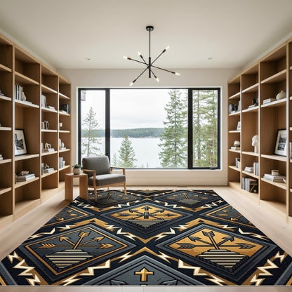 Geometric Arrow Gold and Slate Diamond Rug