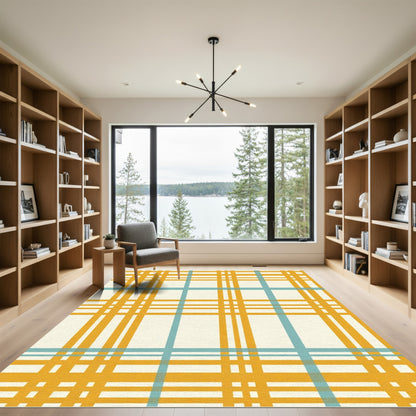Golden Teal Checkered Grid Rug