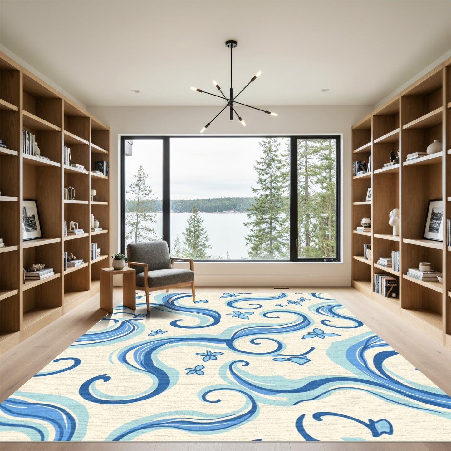 Blue Cream Swirl Floral Abstract Rug