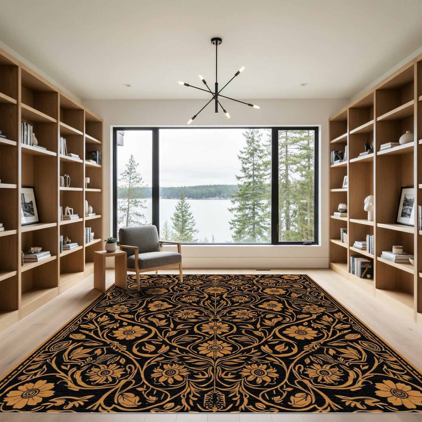 Golden Floral Vine Dark Background Rug