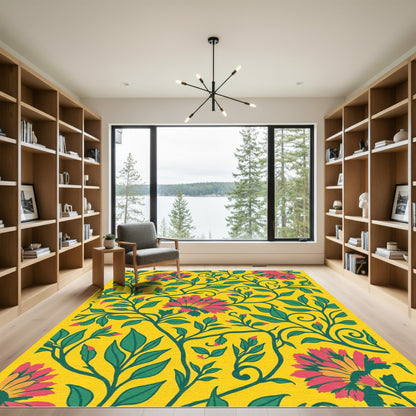 Vibrant Yellow Floral Vine Composition Rug
