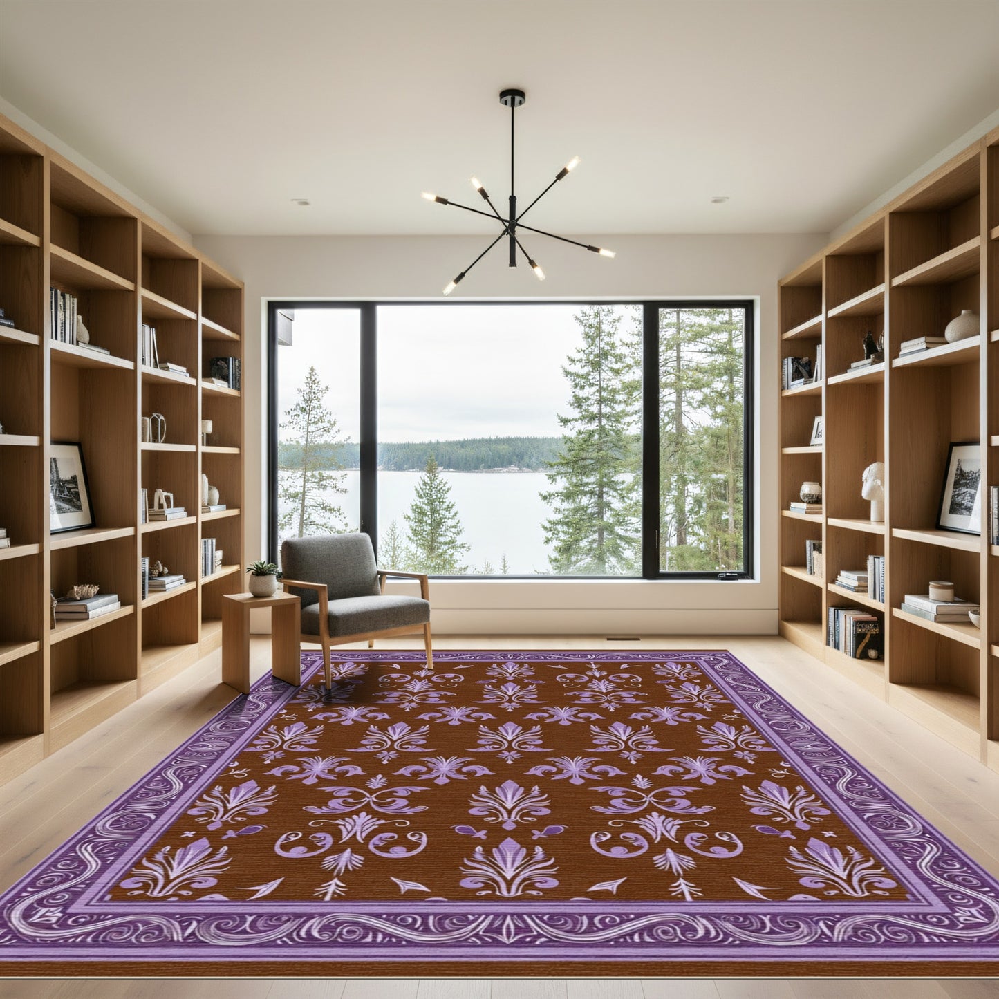 Brown Purple Floral Medallion Border Rug