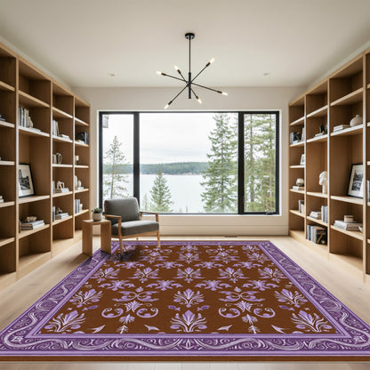Brown Purple Floral Medallion Border Rug
