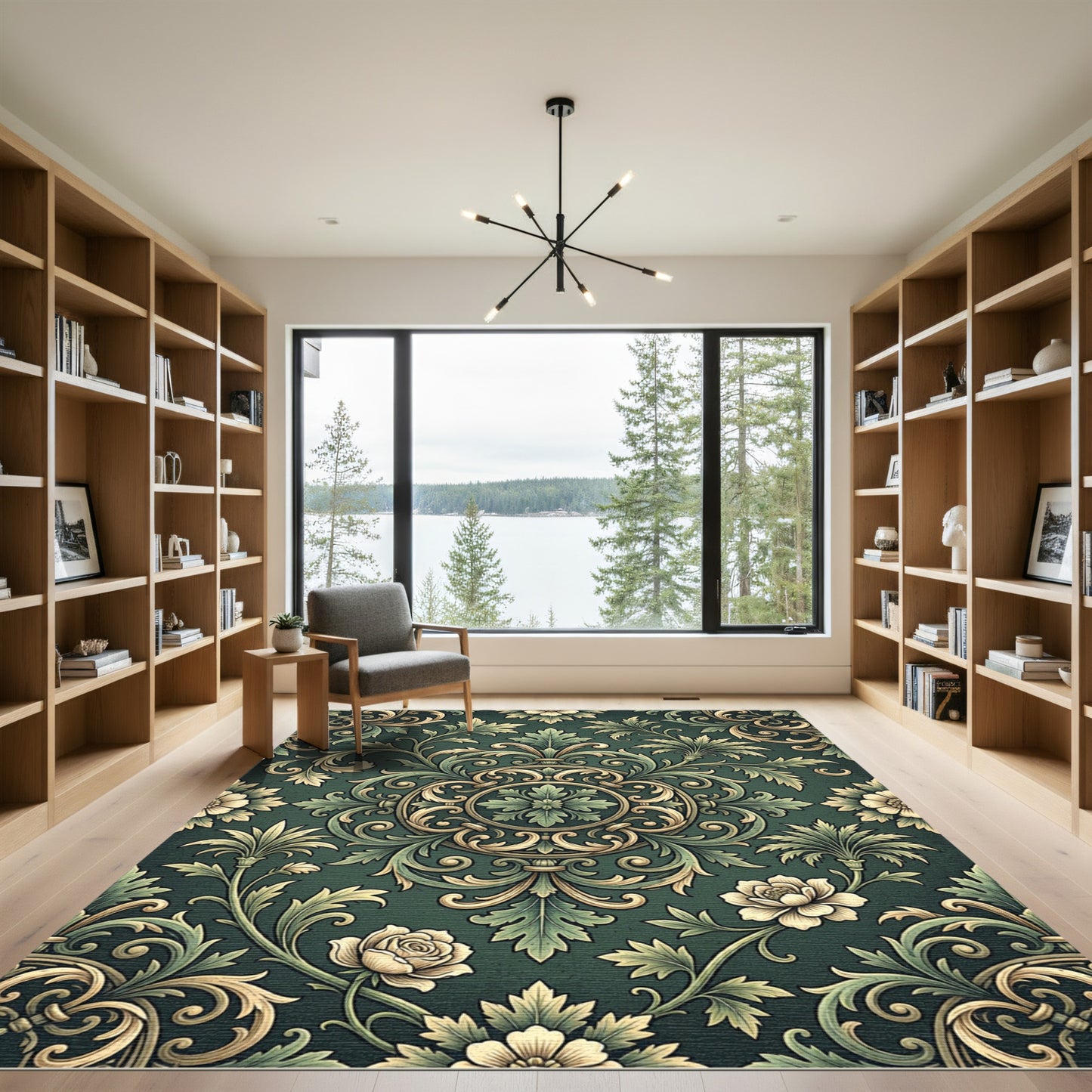 Elegant Dark Green Ornate Floral Medallion Rug